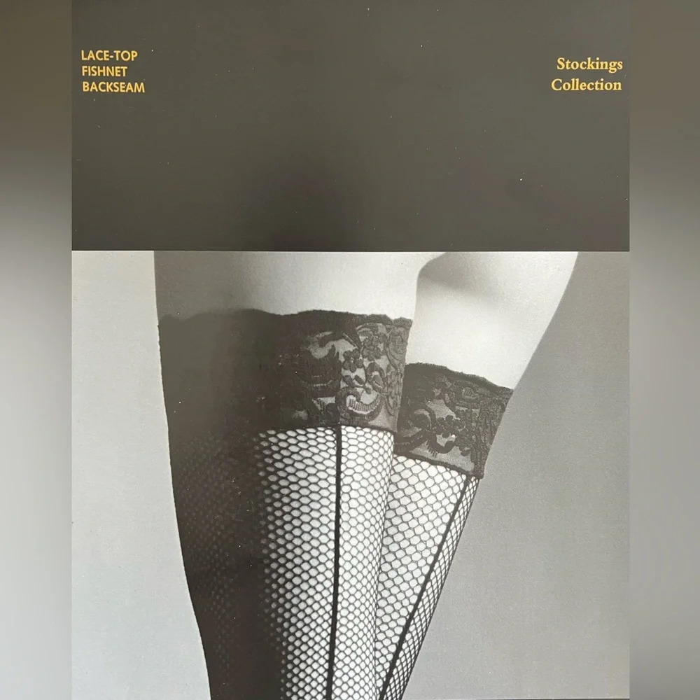 Frederick’s of Hollywood Black Lace Top Fishnet Stockings with Backseam. NWT.